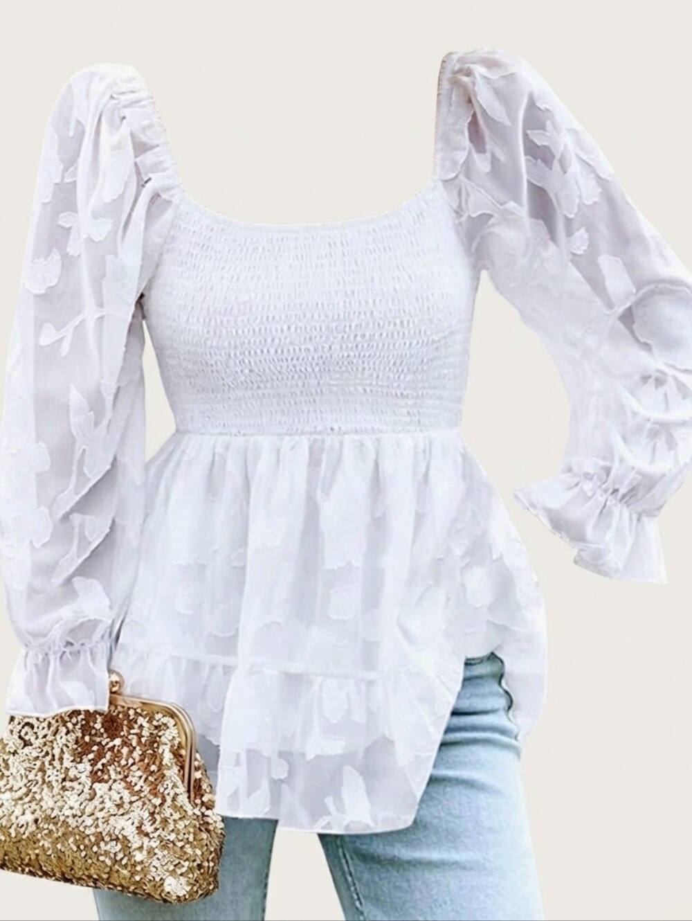 White Smocked Peasant Dress Blouse - Petite Large Top - Like New Never Worn!
